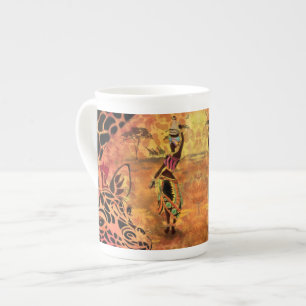 African Girl and Giraffe - Friends - Art Teckning Benporslin Mugg
