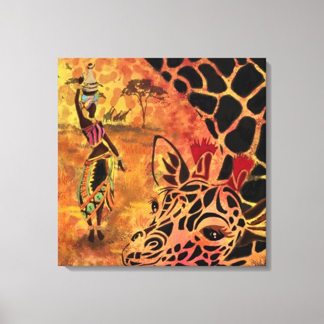 African Girl and Giraffe - Friends - Art Teckning  Canvastryck (Framsida)