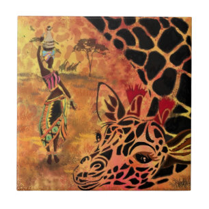 African Girl and Giraffe - Friends - Art Teckning Kakelplatta
