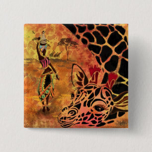African Girl and Giraffe - Friends - Art Teckning Knapp