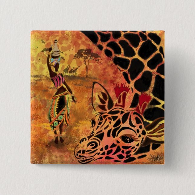 African Girl and Giraffe - Friends - Art Teckning  Knapp (Framsida)