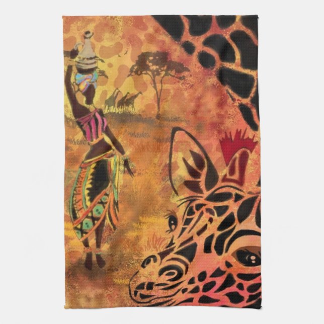 African Girl and Giraffe - Friends - Art Teckning  Kökshandduk (Vertikal)
