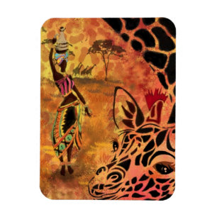 African Girl and Giraffe - Friends - Art Teckning Magnet