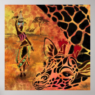 African Girl and Giraffe - Friends - Art Teckning Poster
