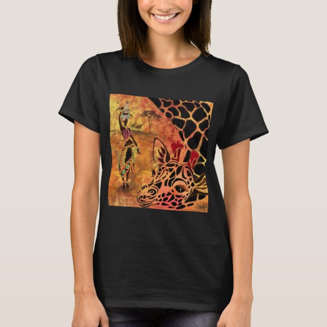 African Girl and Giraffe - Friends - Art Teckning  T Shirt (Framsida)