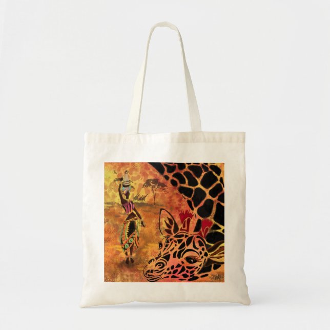 African Girl and Giraffe - Friends - Art Teckning  Tygkasse (Framsidan)