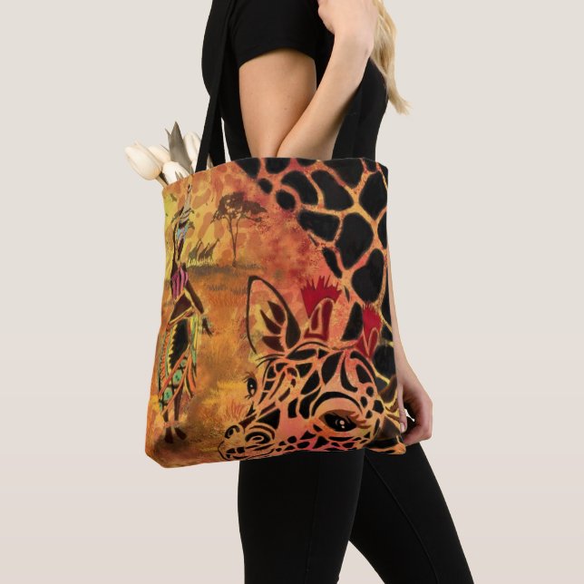 African Girl and Giraffe Tote Bag Tygkasse (Närbild)