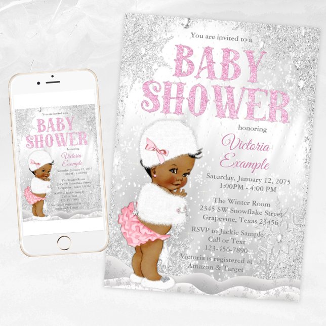 African Girl Winter Wonderland Baby Shower Inbjudningar (Girl winter wonderland baby shower invitation with African baby girl. For instant download & Print.)