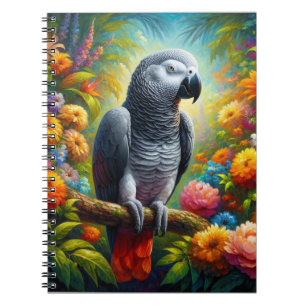 African Grått Parrot med färgade blommor Anteckningsbok