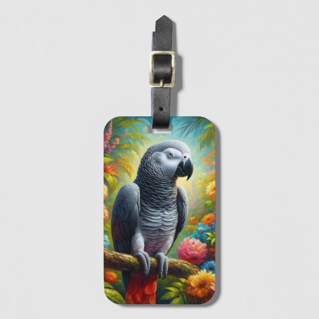 African Grått Parrot med färgade blommor Bagagebricka (Framsida vertikal)