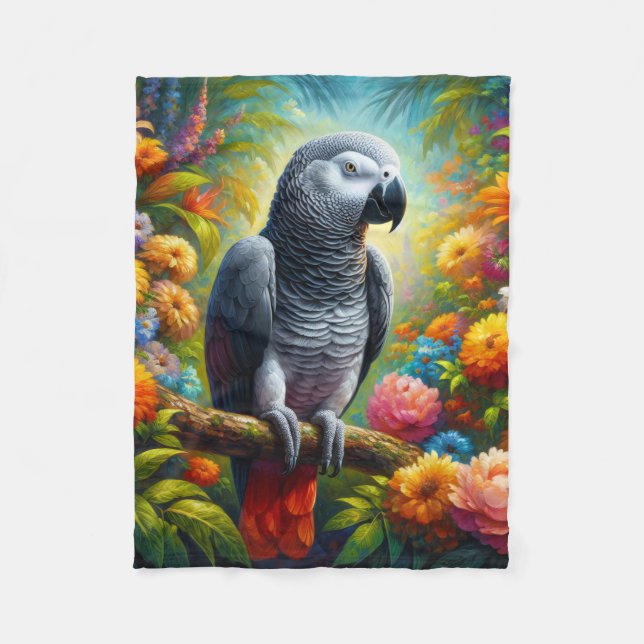 African Grått Parrot med färgade blommor Fleecefilt (Framsidan)