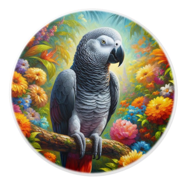 African Grått Parrot med färgade blommor Knopp (Framsidan)