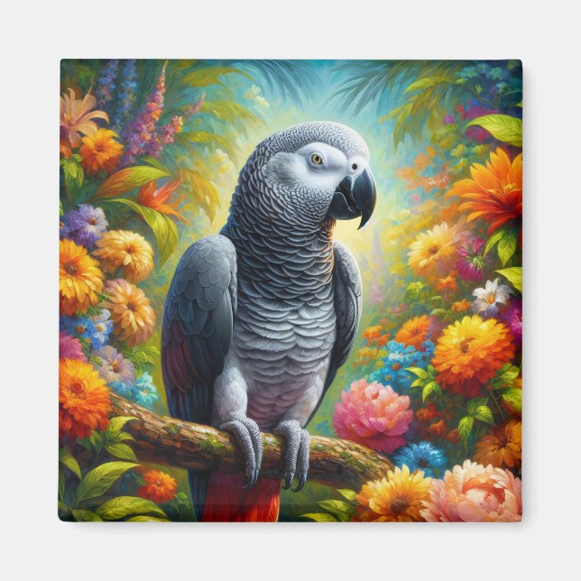 African Grått Parrot med färgade blommor Magnet (Framsidan)