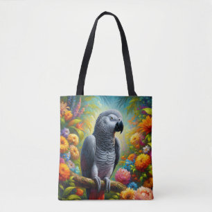 African Grått Parrot med färgade blommor Tygkasse