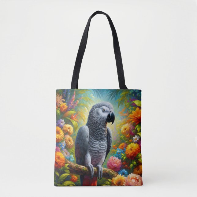 African Grått Parrot med färgade blommor Tygkasse (Framsida)