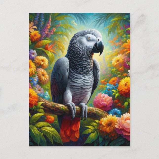 African Grått Parrot med färgade blommor Vykort (Framsida)