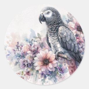 African Grått Parrot Wildblomme Porträtt Art Runt Klistermärke