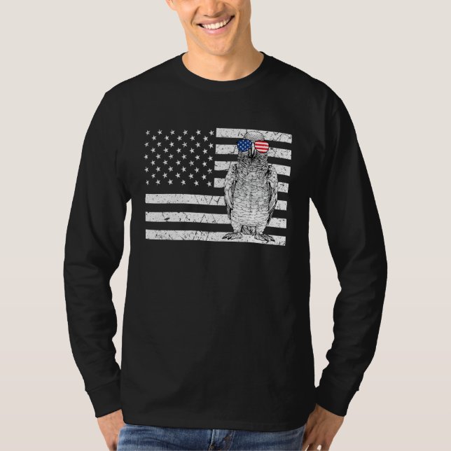 African Grey 4th of July Bird US American Flag Pat T Shirt (Framsida)