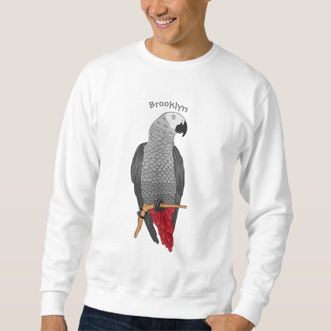 African grey parrot cartoon illustration  lång ärmad tröja (Framsida)