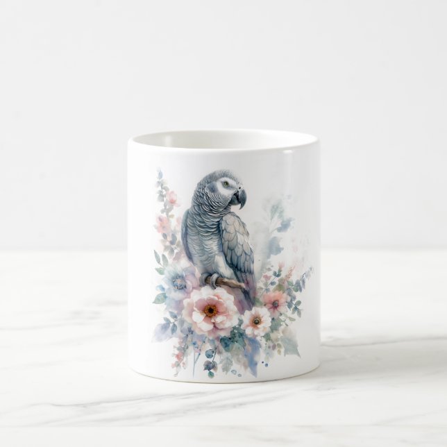 African Grey Parrot Floral Watercolor Kaffemugg (Center)