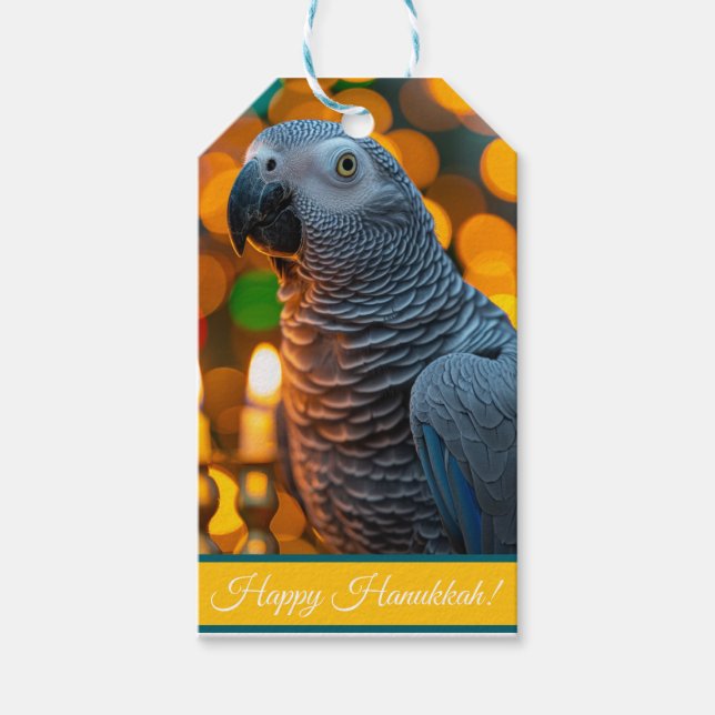 African Grey Parrot Hanukkah Card  Presentetikett (Framsidan)