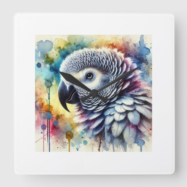African Grey Parrot Yaco 060824AREF144 - Watercolo Fyrkantig Klocka (Framsida)