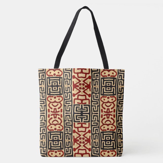 African Kuba Print Tote i Tan, Black and Red Tygkasse (Framsida)