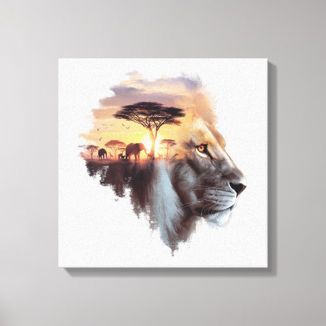 African Lejon Sunset - Wildlife Fusion Art Canvastryck (Framsida)