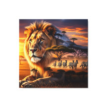 African Lion & Zebra Sunset Canvas Art