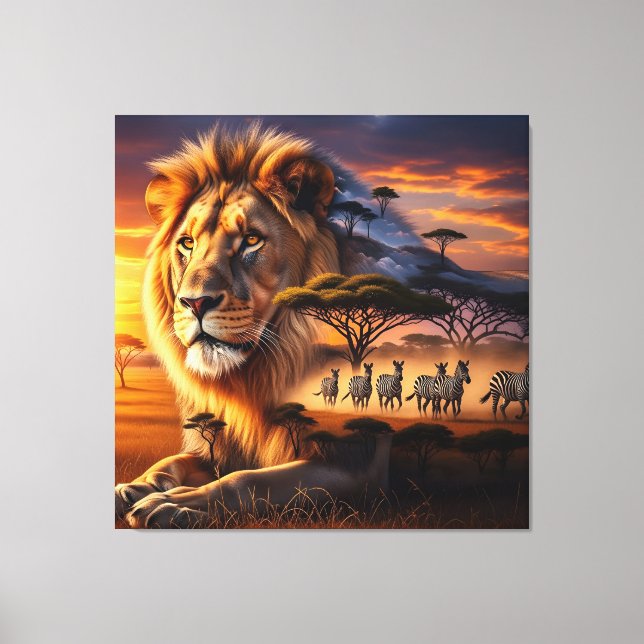 African Lion & Zebra Sunset Canvas Art (Framsida)
