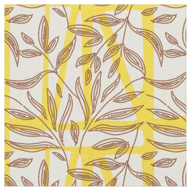 African mudcloth contrast botanical yellow brown  tyg (Närbild)