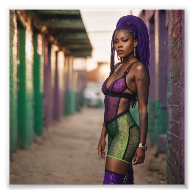 African Neon Cyber Punk Babe in Back Alley Fototryck (Framsidan)