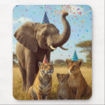 African Party Animals with Hats and Confetti Musmatta<br><div class="desc">An elephant wearing a birthday party hat is spraying colorful confetti in the savannah grass with lion,  leopard,  and tiger cubs</div>