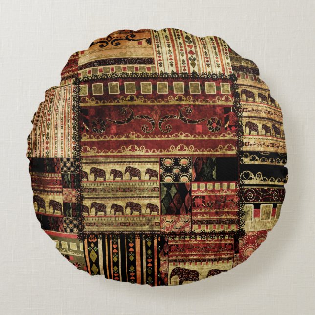 African Patchwork: Grunge Print Background Rund Kudde (Framsidan)