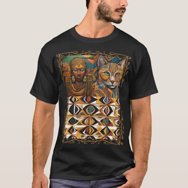 African Queen & Cat Geometric Tribal Art Tee (Framsida)