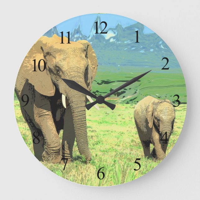 African Safari Elephants Large Clock Stor Klocka (Framsida)