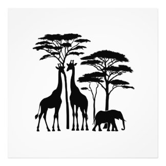 African Safari Silhouette - Giraffes, Elephant, an Fototryck