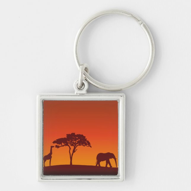 African Safari Silhouette - Keychain Fyrkantig Silverfärgad Nyckelring (Framsidan)