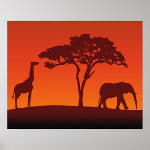 African Safari Silhouette - Poster Skriv ut