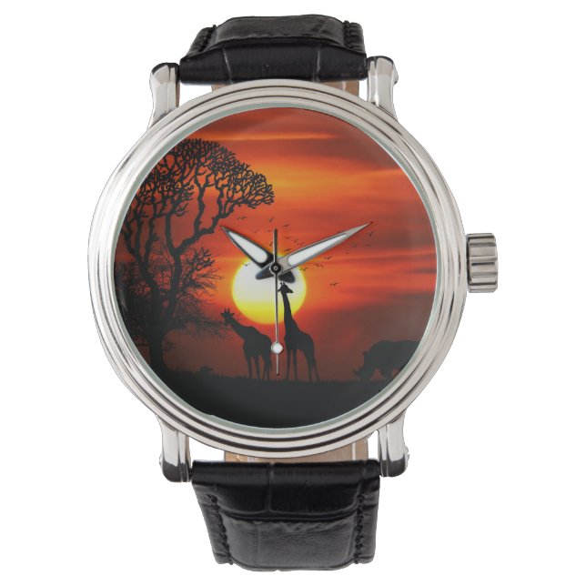 African Safari Sunset Animal Silhouettes Armbandsur (Framsida)