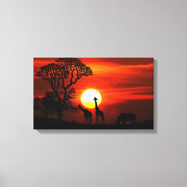 African Safari Sunset Animal Silhouettes Canvastryck (Framsida)