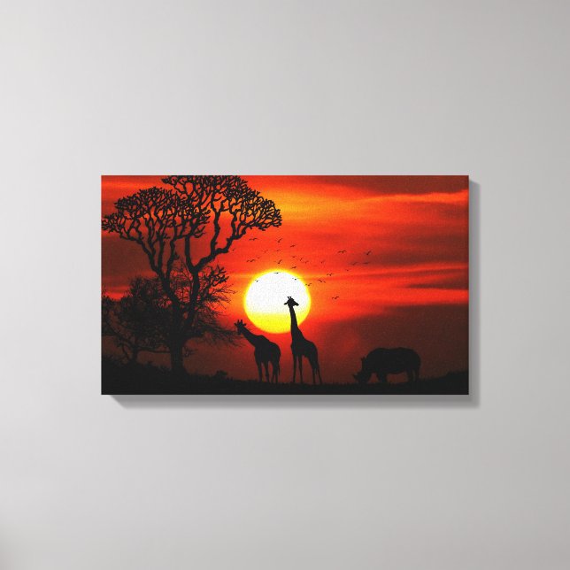 African Safari Sunset Animal Silhouettes Canvastryck (Framsida)