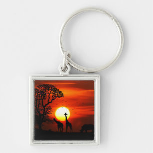 African Safari Sunset Animal Silhouettes Fyrkantig Silverfärgad Nyckelring