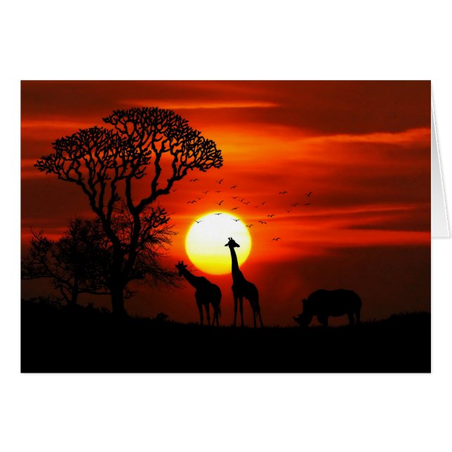 African Safari Sunset Animal Silhouettes Hälsningskort (Framsidan Horizontal)