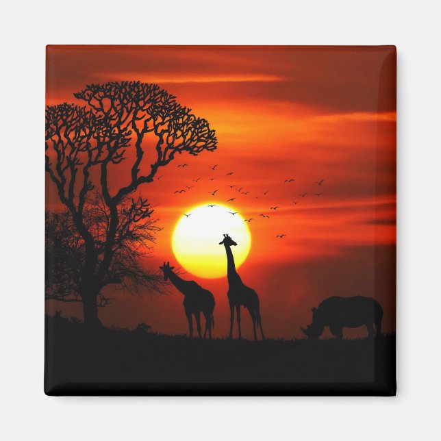 African Safari Sunset Animal Silhouettes Magnet (Framsidan)