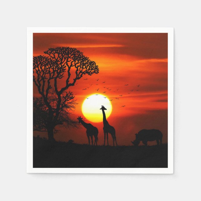 African Safari Sunset Animal Silhouettes Pappersservett (Framsidan)