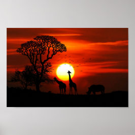 African Safari Sunset Animal Silhouettes Poster