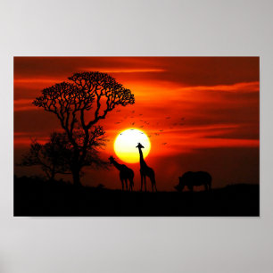 African Safari Sunset Animal Silhouettes Poster