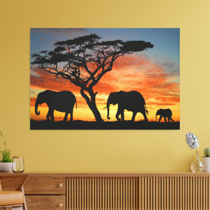 African Safari Sunset Elephant Silhouette Art Canvastryck