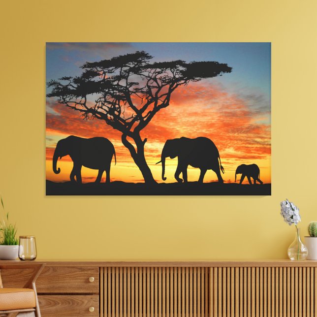 African Safari Sunset Elephant Silhouette Art Canvastryck (Insitu (Vardagsrum))